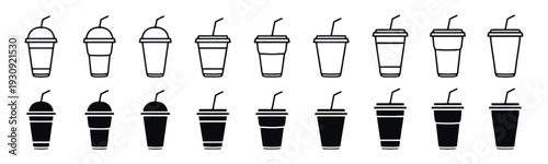 Assortment of disposable cups with lids and straws, black and white outline and filled versions