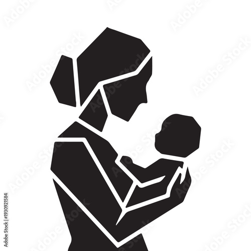 African mother and baby silhouette vector illustration, cultural motherhood bonding concept, strong black woman holding child, minimal family logo isolated on white background
