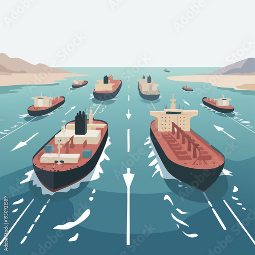 Cargo Ships Navigating a Waterway illustration clean