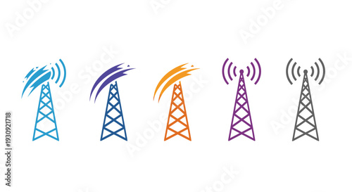 Colorful Telecommunication Towers with Signal Waves.