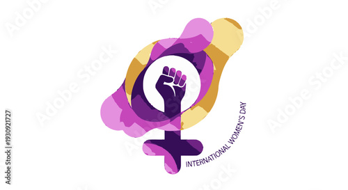 International Women's Day logo with raised fist symbolizing female empowerment.