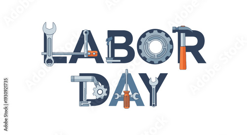 Labor Day celebration with industrial tools and machinery parts.
