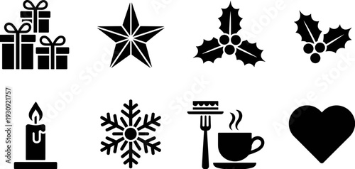 Set of winter holiday icons featuring gift boxes star holly berry candle snowflake and hot coffee for Christmas flat vector