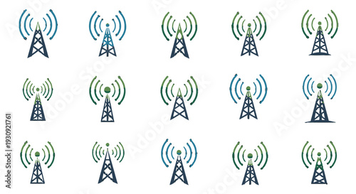 Collection of Telecommunication Tower Icons with Signal Waves.