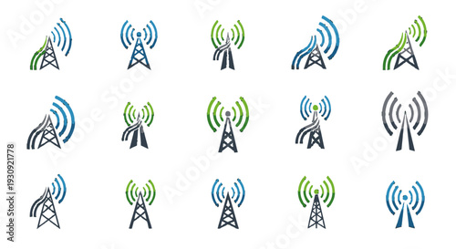 Collection of Telecommunication Tower Icons with Signal Waves.
