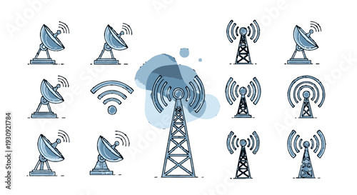 Collection of various telecommunications towers and satellite dishes.