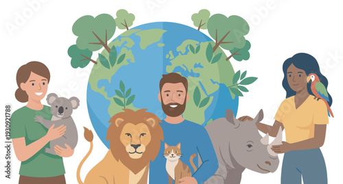 People and animals united for global wildlife conservation and environmental protection, emphasizing biodiversity and a harmonious coexistence on Earth.