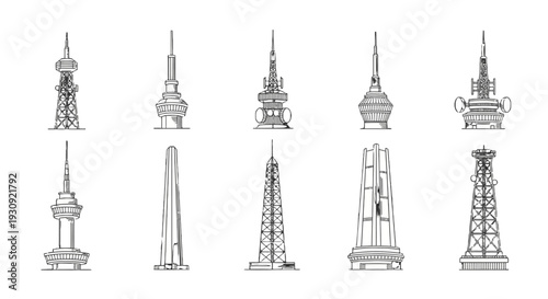 Collection of famous towers and monuments around the world in simple line art style.