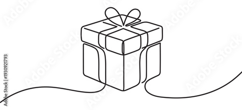 Gift box continuous line art drawing of a wrapped present with a decorative bow, symbolizing celebration, surprise, and special occasions.