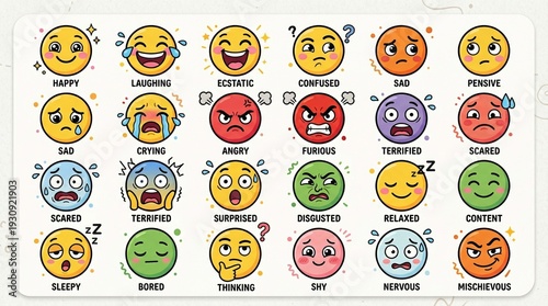 Colorful emoji emotion chart displaying multiple facial expressions representing different moods and feelings.