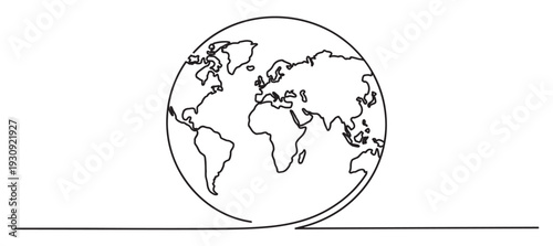 Earth globe world map drawn in a single continuous line style symbolizing global connection, travel, and environmental awareness.