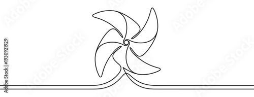 Continuous line drawing of a pinwheel toy symbolizing childhood, playfulness, and the sustainable power of wind energy.