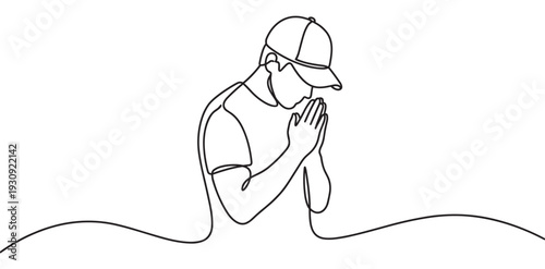 Continuous line drawing person praying with hands clasped in a gesture of devotion, contemplation, or hope, symbolizing spirituality and mindfulness.