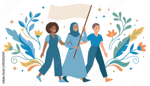 Three diverse people walking together holding a blank flag, surrounded by decorative floral elements and stars, symbolizing unity and community.