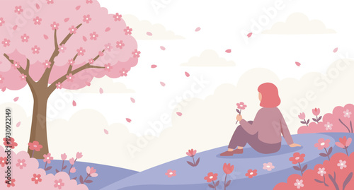 Person sits peacefully under a blooming cherry blossom tree, enjoying the gentle falling pink petals in a beautiful spring landscape.