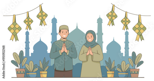 Muslim man and woman greet during Eid celebration with traditional ketupat decorations and mosque silhouettes.