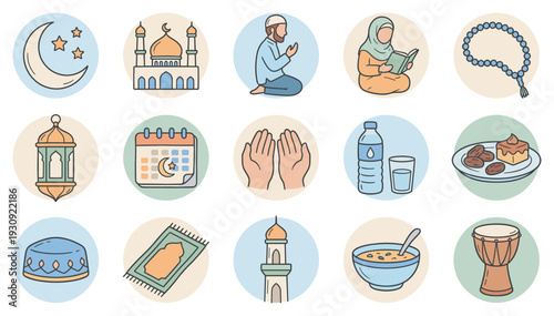 Islamic Ramadan icons representing various traditions and practices during the holy month of fasting and prayer.