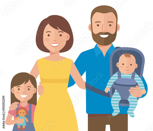 Happy family portrait with mother, father, daughter, and baby smiling cheerfully as they stand close together.