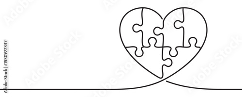 Heart puzzle pieces intricately form a beautiful continuous line drawing, symbolizing love, connection, unity, and shared understanding.