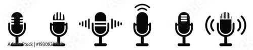 Assortment of microphone icons for podcasting, recording, music, and broadcasting applications