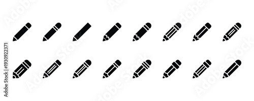 Assortment of pencil icons in black silhouette style vector illustration