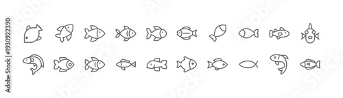 Assortment of simple line art icons depicting various styles of fish for aquatic or marine themes