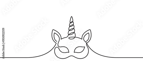 Continuous line drawing unicorn mask with horn and ears, representing magic, fantasy, and dreams in a simple artistic style.