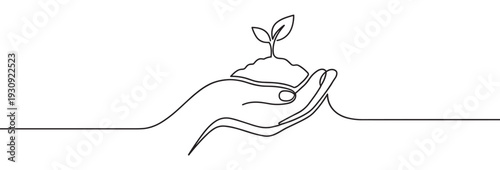 Hand holding a small green plant seedling in continuous line art style symbolizing growth and environmental care.