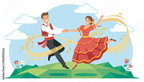 Dancing couple performs a vibrant traditional folk dance outdoors, expressing joy and cultural heritage through movement and music.