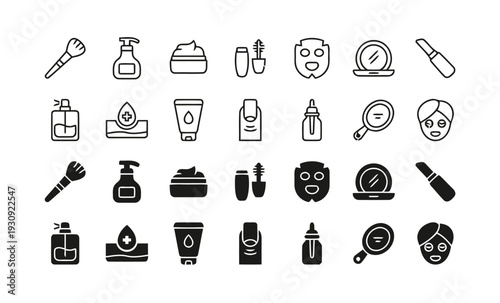 Beauty and cosmetic icons collection for makeup application and skincare products