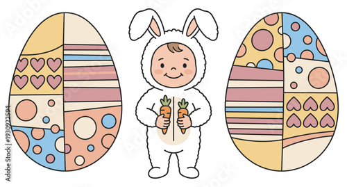 Cute baby bunny costume holding carrots between two pastel decorated Easter eggs, celebrating the spring holiday with joy.