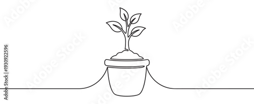 Small plant in a pot growing with fresh leaves depicted in a minimalist continuous line art style, symbolizing growth and nature.