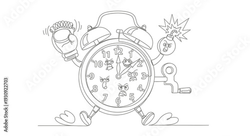 Angry Alarm Clock Boxing with Bomb, Cartoon Style Line Art