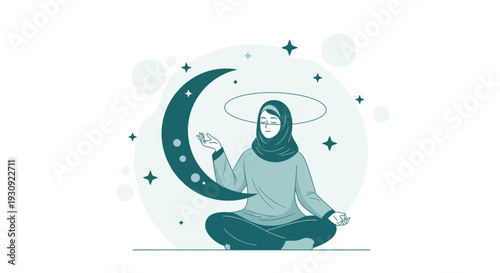 Woman In Meditation With Crescent Moon And Stars Peaceful And Calmness Illustration
