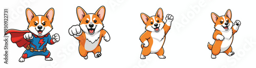 A set of superhero cute corgi, flat design, single design, vector illustration, white background, solid color palette, minimal shading