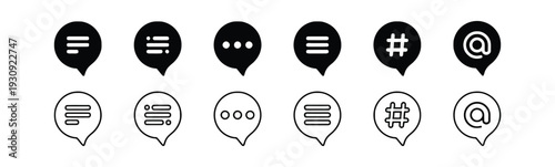 Black and white speech bubble icons with dots, hashtag and at symbol