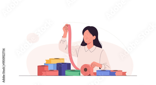Woman Inspecting Rolled Ribbons, Preparing Craft Supplies For Artistic Purposes