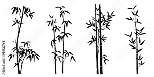 Black silhouette bamboo plant branches and stalks with leaves forest elements