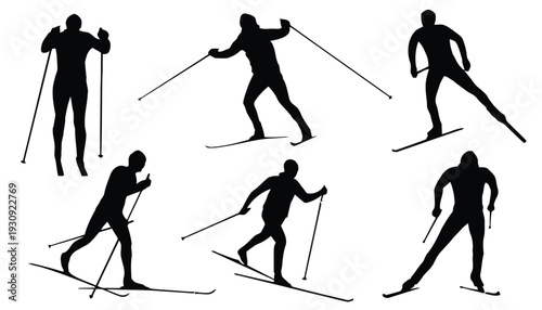 Black silhouettes of cross country skiers performing different skiing techniques on a white backdrop