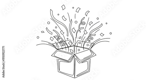 Surprise Box Explosion with Confetti Streamers - Line Art Illustration