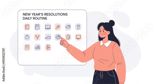 Woman Interacting With Daily Routine Icons For New Year's Resolutions Planning