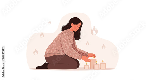 Woman Lighting Candles: A Cozy and Serene Illustration with a Warm Atmosphere