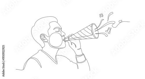 Man blowing party horn with confetti and music notes, continuous line art