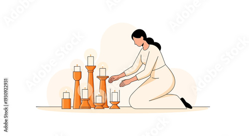 Woman Lighting Candles: A Symbolic Illustration of Peace, Remembrance, and Meditation