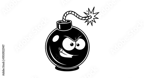Cartoon Bomb Character with Explosive Fuse and Angry Face