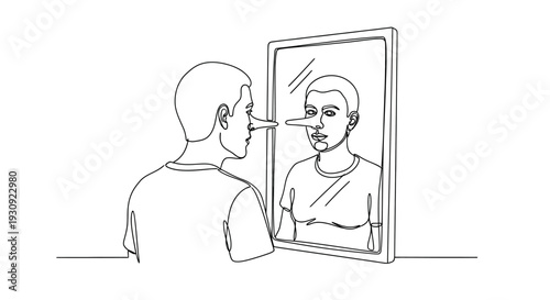 Man with Pinocchio Nose Looking in Mirror, Deception Concept
