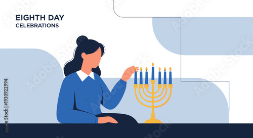 Woman Lighting Candles On Menorah For Eighth Day Celebration Holiday