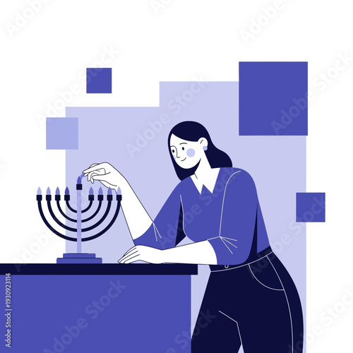 Woman Lighting Menorah Celebrating Hanukkah Festive Holiday Tradition Illuminating Joyful Moment