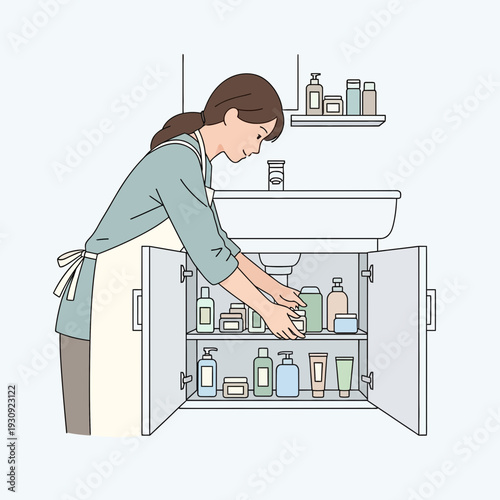 Woman Organizing Skincare Products Under Bathroom Sink