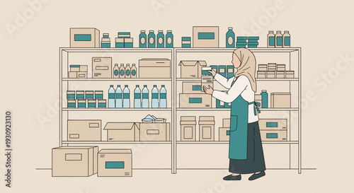 Woman Organizing Shelves In A Storage Room Or Pantry Filled With Goods